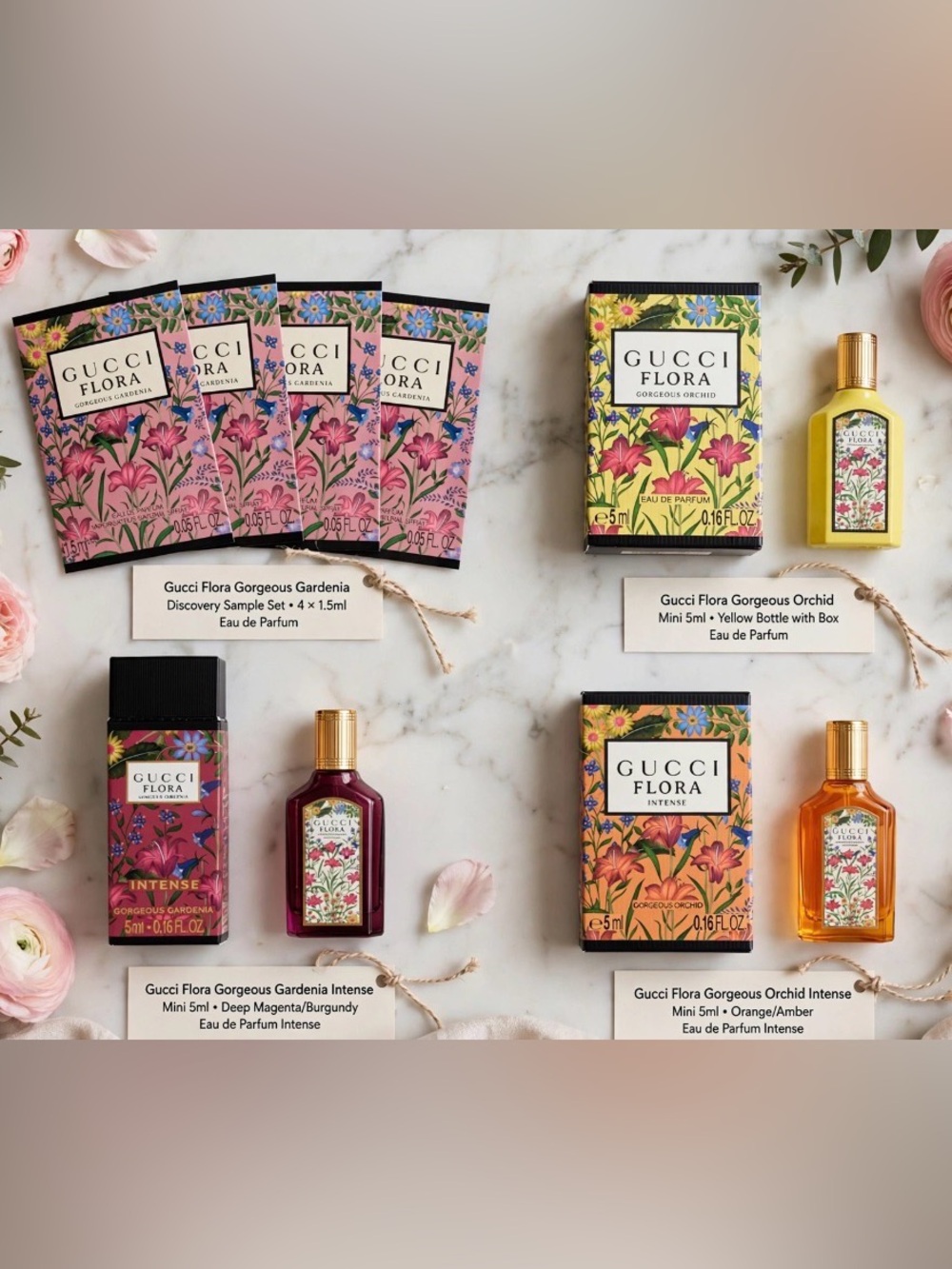 🆕🌸💐Gucci Flora Mini Gift Set — Pink, Yellow, Orange & Deep Magenta Bottles